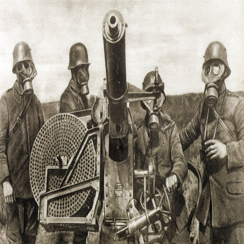 World War I Gas Warfare Na German Anti-Aircraft Machine Gun Crew Wearing Protective Masks In A Gas Zone Poster Print by (24 x 36)