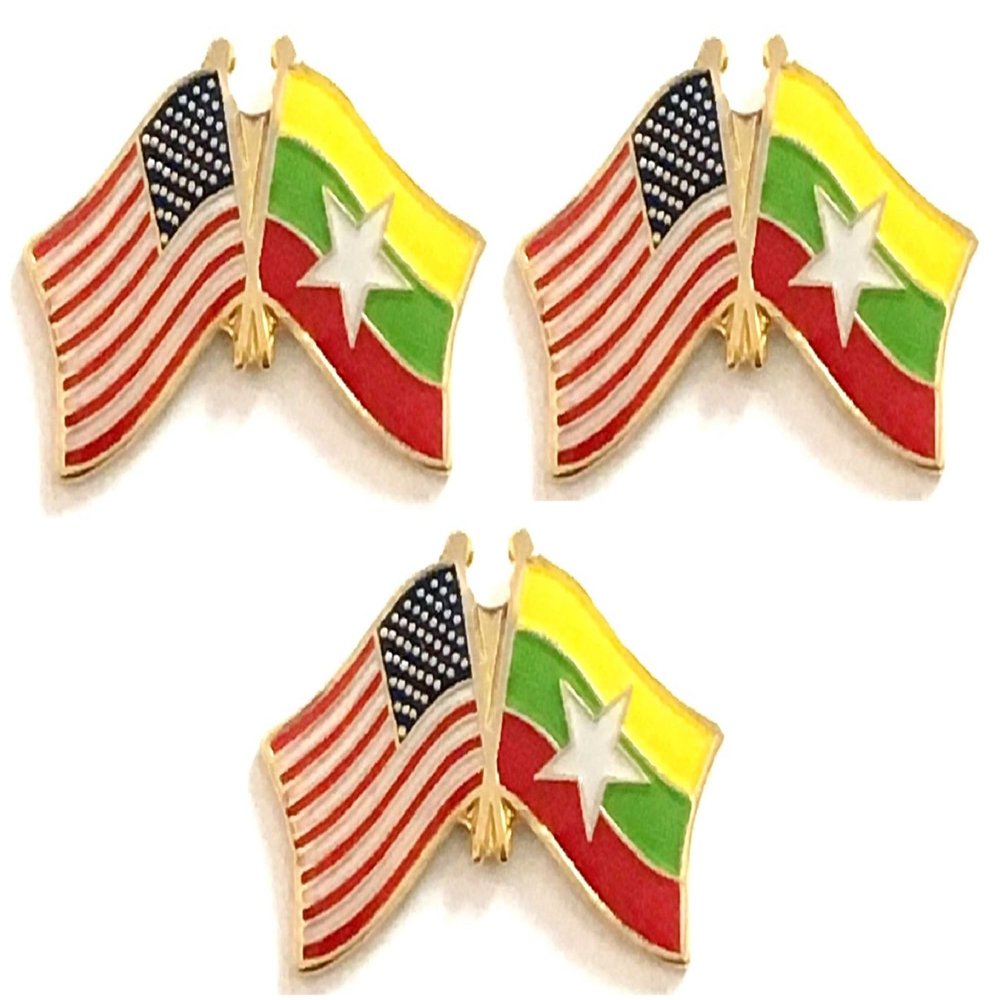 3 Myanmar (Burma) USA Friendship Flag Lapel Pins Pack of 3 Burma and American Double Flag Pin Badge