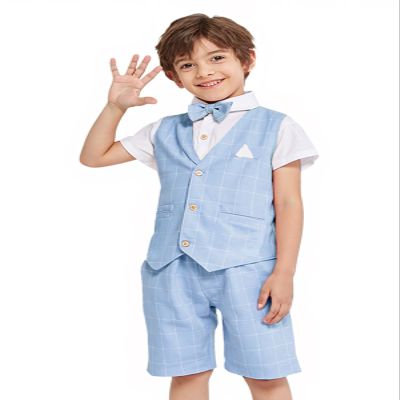 LOLANTA Summer Boys Suit Dress Clothes Kids Wedding Ring Bearer Outfit 4Pcs Shirt Vest Shorts Set(Blue,4)