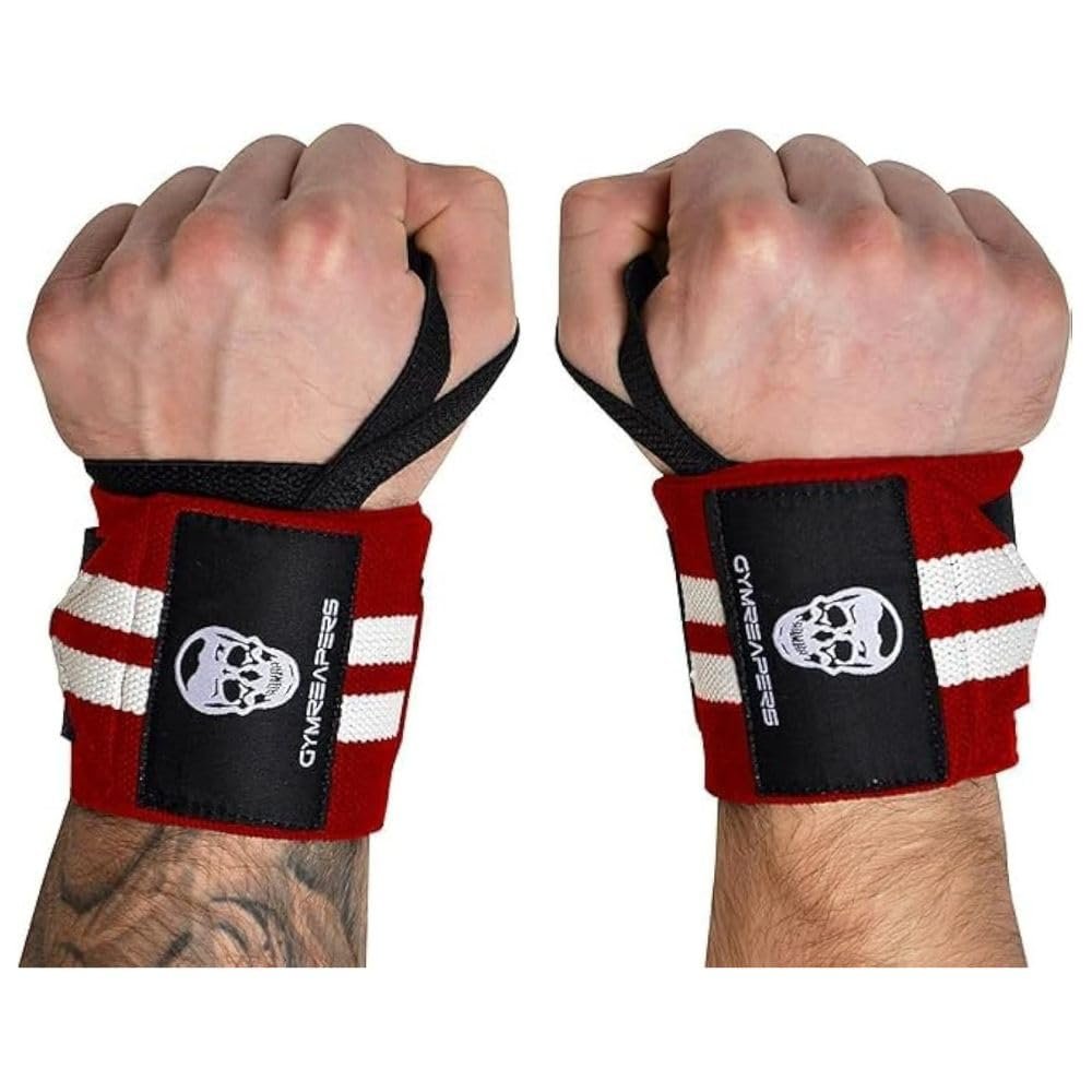 Gymreapers Weightlifting Wrist Wraps (Competition Grade) 18" Professional Quality Wrist Support with Heavy Duty Thumb Loop - Best Wrap for Powerlifting, Strength Training, Bodybuilding(Red/White,18")