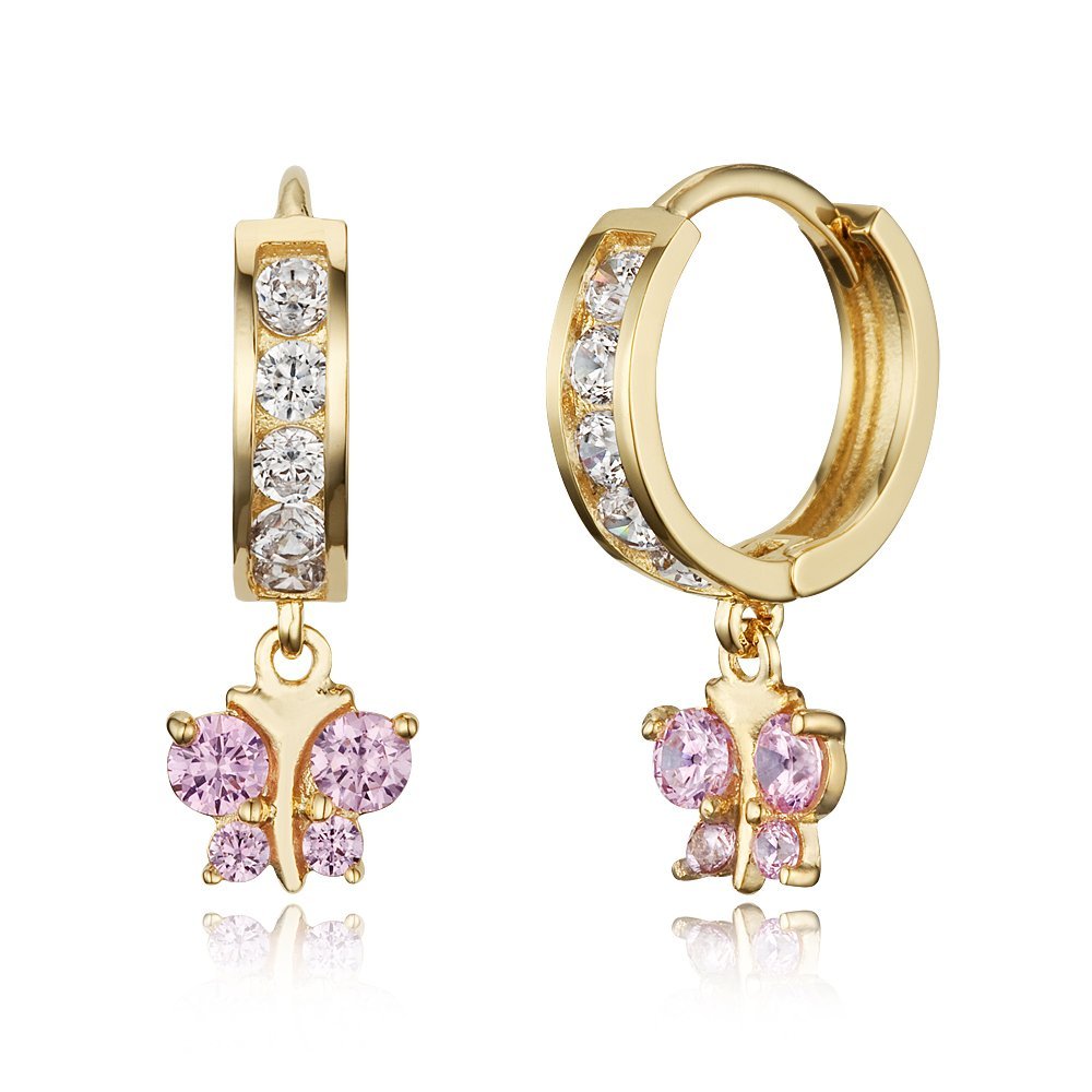 14k Gold Plated Brass Pink Butterfly Channel Cz Huggy Baby Girls Hoop Earrings
