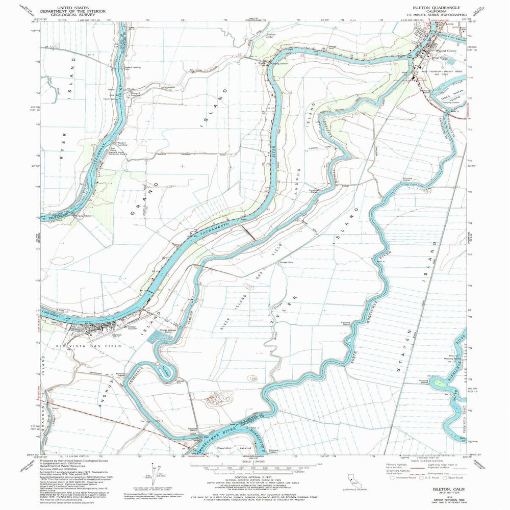 YellowMaps Isleton CA topo map, 1:24000 Scale, 7.5 X 7.5 Minute, Historical, 1978, Updated 1993, 26.7 x 21.4 in - Tyvek