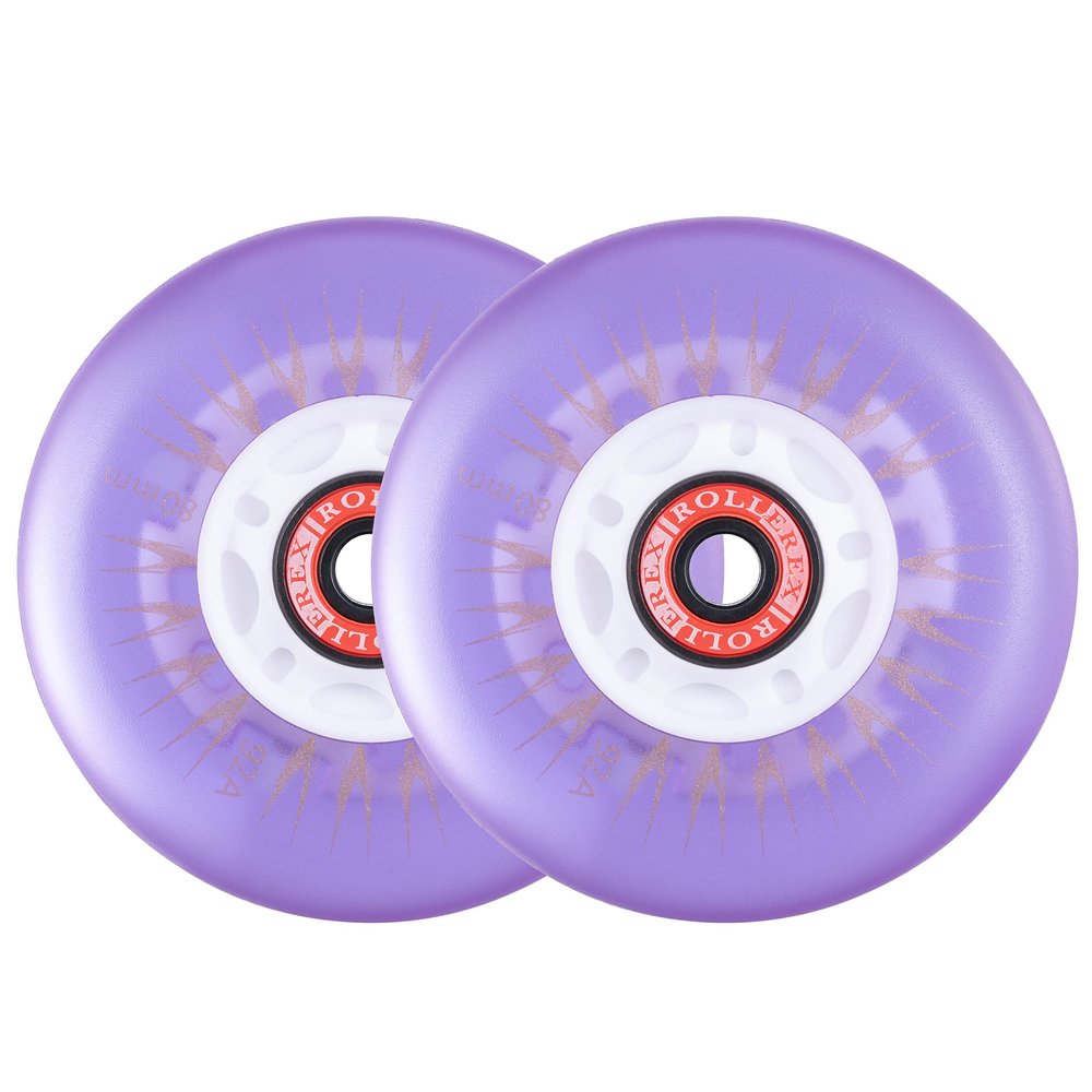 Rollerex Glowrider 92A Inline Skate Wheels w/Built-in Magnetic LED Lights & Incl. Bearings Light-Up Wheels for Roller Blades, Scooters, More (2-Pack) (UV Purple, 72mm)