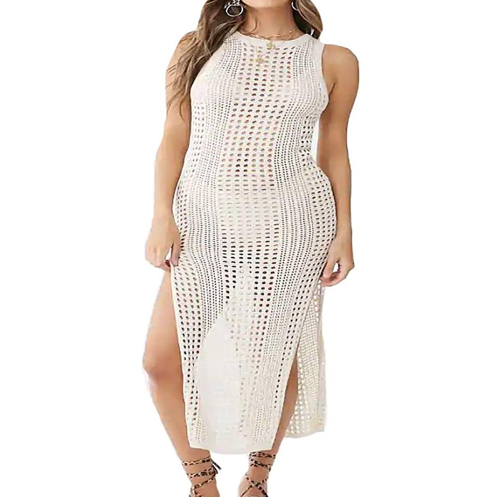 bestyou Crochet Cover Ups for Women Hollow Out Sleeveless Bikini Swimsuit Swimwear Side Split Long Beach Dresses (Off White C)