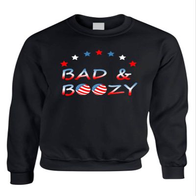 ALLNTRENDS Adult Sweatshirt Bad And Boozy USA Flag 4th Of July Drinking Party (M, Black)