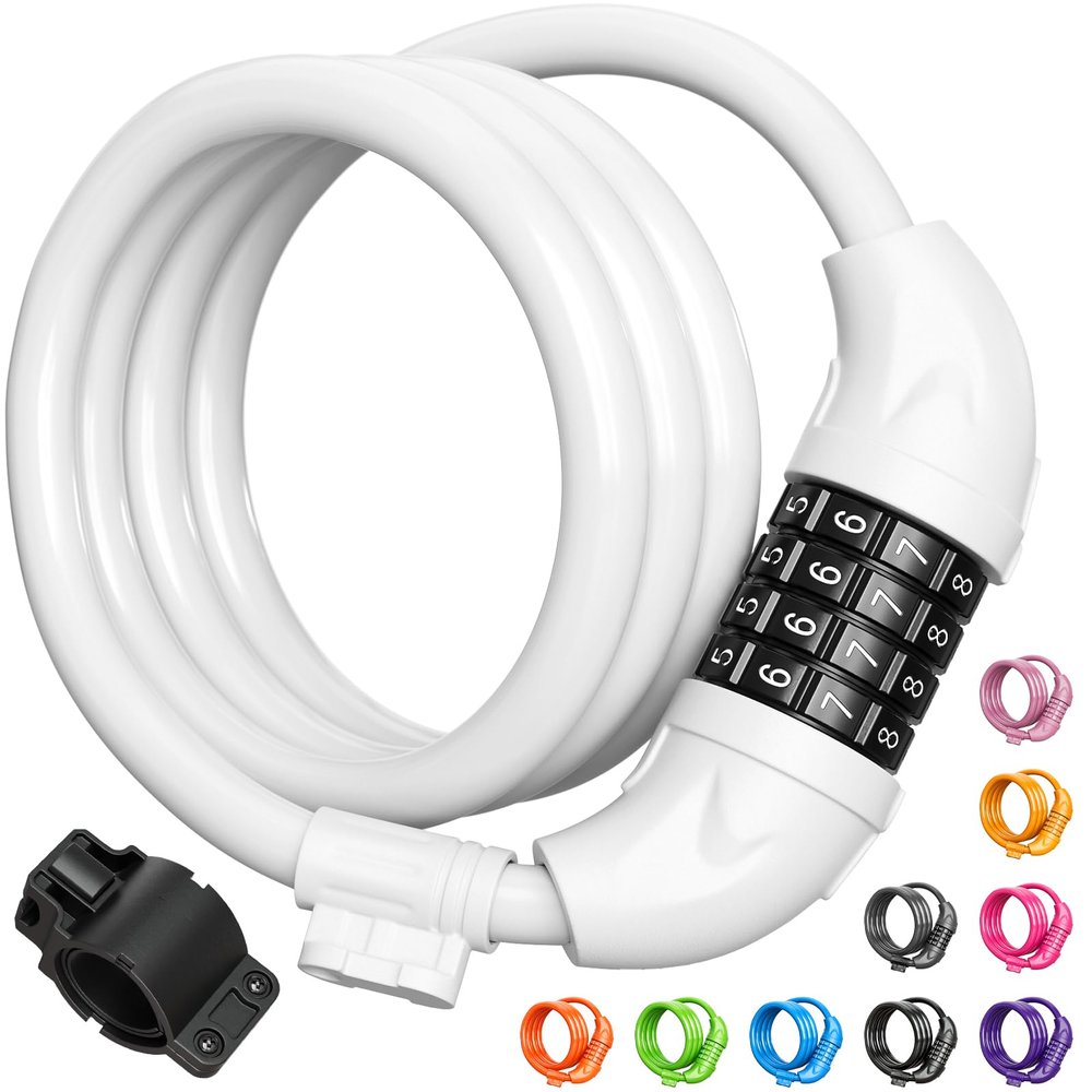 Titanker Bike Lock, Bicycle Lock 4 Feet Cable Lock 1/2 Inch Resettable Bike Locks Combination with Mounting Bracket, Bike Accessories for Bicycle, Electric Scooter, Motorcycle, White