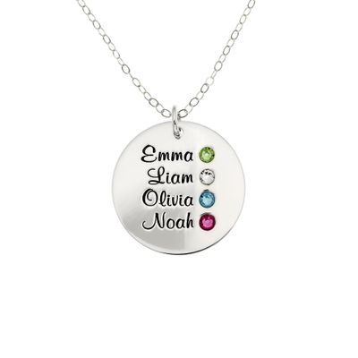 AJ's Collection Personalized Round Four Stacked Names Sterling Silver Necklace With Birthstone Setting. Customize a Round Charm. Choice of Sterling Silver Chain. Gift For Her and All Occasions