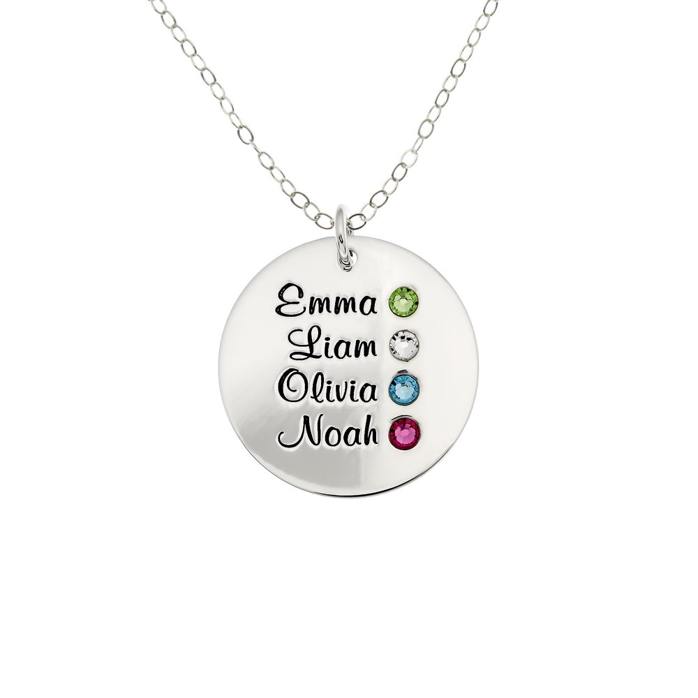 AJ's Collection Personalized Round Four Stacked Names Sterling Silver Necklace With Birthstone Setting. Customize a Round Charm. Choice of Sterling Silver Chain. Gift For Her and All Occasions
