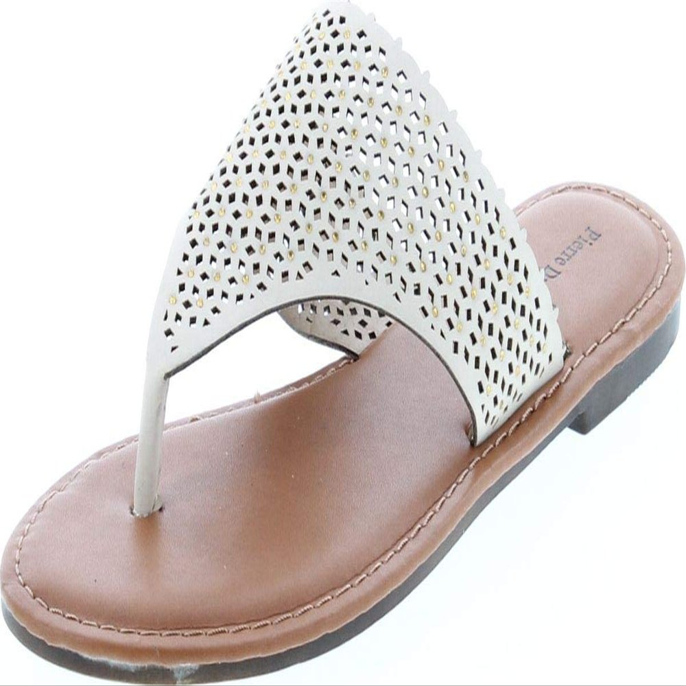Pierre Dumas Women's Azaria-7 Vegan Leather Perforated Accents Flip-Flops Flats Sandals,Nude,11