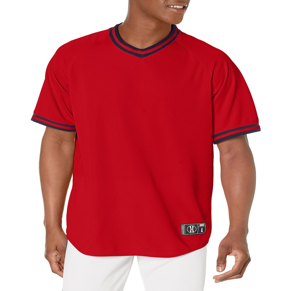 Holloway Augusta Sportswear Retro V-Neck Men's Baseball Jersey, Scarlet | Navy, XXX-Large