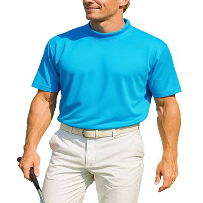 Akwa Mens Mock Turtleneck T-Shirt Lightweight Moisture Wicking Short Sleeve for Golf Work Layering Shirt Breathable Made in USA Aquatic Blue