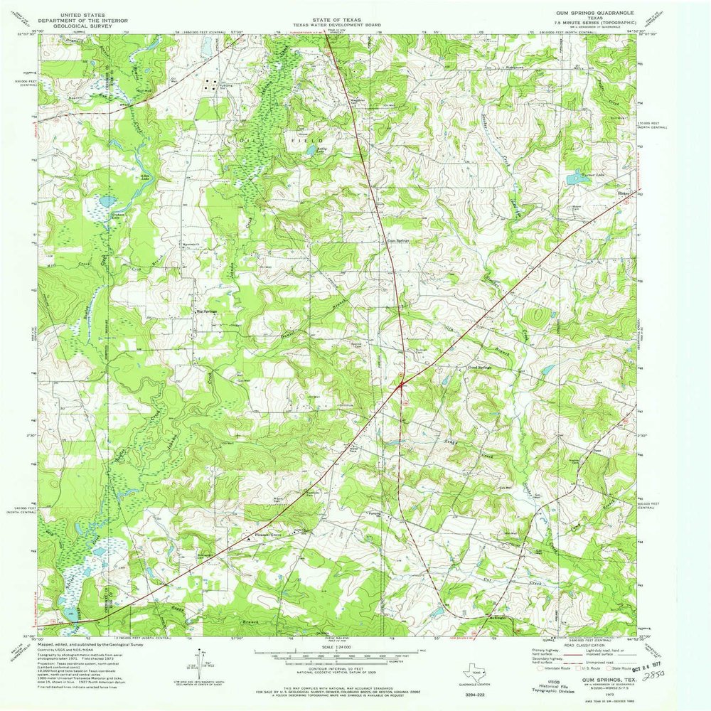 YellowMaps Gum Springs TX topo map, 1:24000 Scale, 7.5 X 7.5 Minute, Historical, 1973, Updated 1977, 26.9 x 23 in - Tyvek