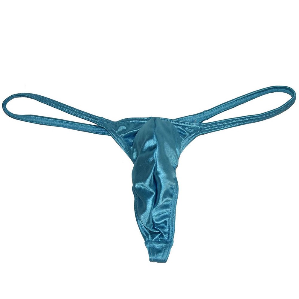 JAXFSTK Men Booty Thong Slim Pouch Underwear Male Shiny Satin String Tangas Micro T-Back Guys Mini Bikini Pants Sky Blue XL