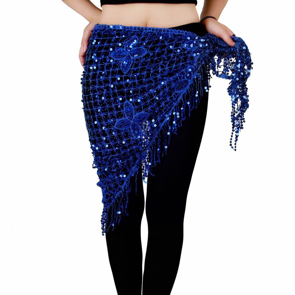 Belly Dance Hip Scarf Triangle Sequin Tassel Beads Belts Waist Scarves 10 Color (Royal Blue)