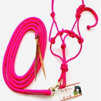 Star Point Horsemanship Mini-Pony 4 Knotted Rope Halter & 8' Lead Set with Stiff Cord, Adjustable, Long Lasting, Quick Release Buckle (Raspberry, Large 38-42" Pony)
