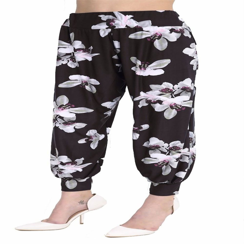 Ladies Harem Ali Baba Trousers Womens Baggy Fancy Party Printed Pants Leggings White lily Black Small/Medium