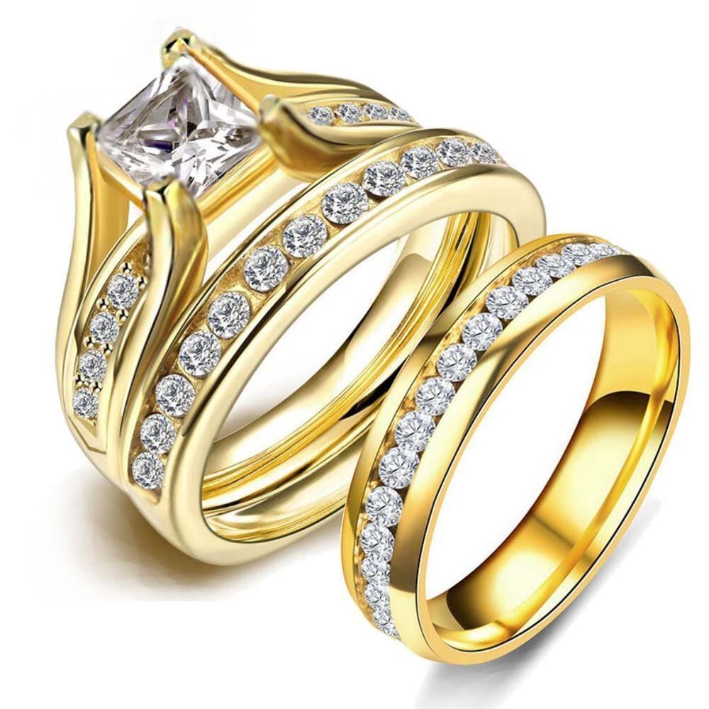 LOVERSRING Couple Ring Bridal Set His Hers 10k Women Yellow Gold Filled Men Stainless Steel Engagement Ring Set