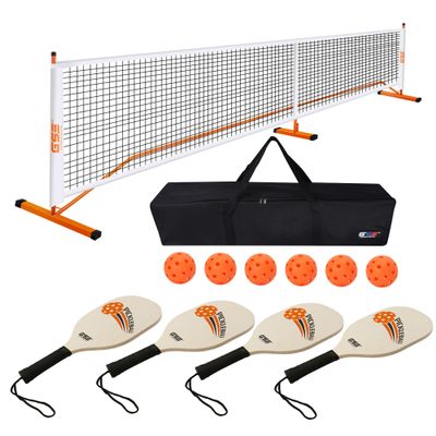 GSE Games & Sports Expert Portable Pickleball Net Set for Driveway with 22FT Regulation Size Net, 4 Paddles, 6 Outdoor Pickleballs, and Carrying Bag, Weather Resistant Metal Frame (Orange)