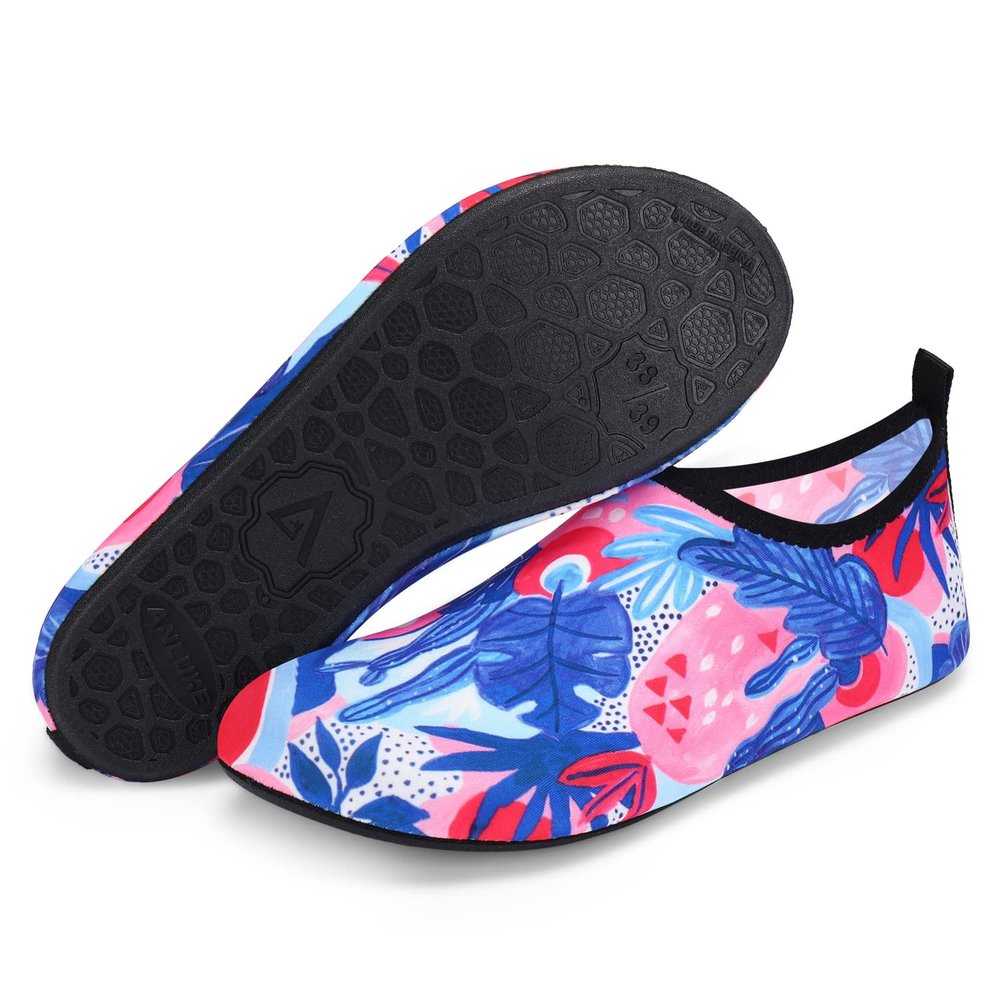 ANLUKE Water Shoes Barefoot Aqua Yoga Socks Quick-Dry Beach Swim Surf Shoes for Women Men Blue/Pink Leaves 44/45