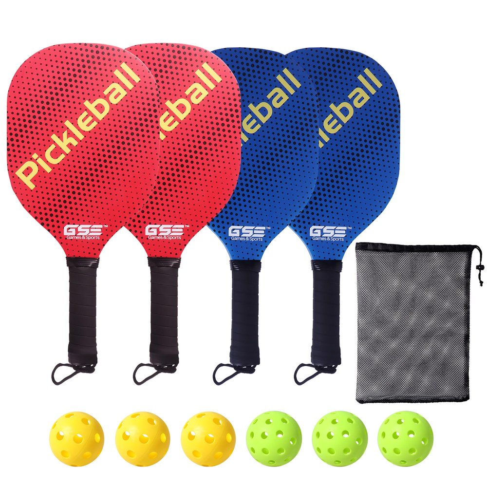 GSE Games & Sports Expert Pickleball Paddles Set of 4 Lightweight Rackets, 6 Indoor/Outdoor Pickle-Balls & Mesh Carrying Bag for Men, Women, Family and Friends