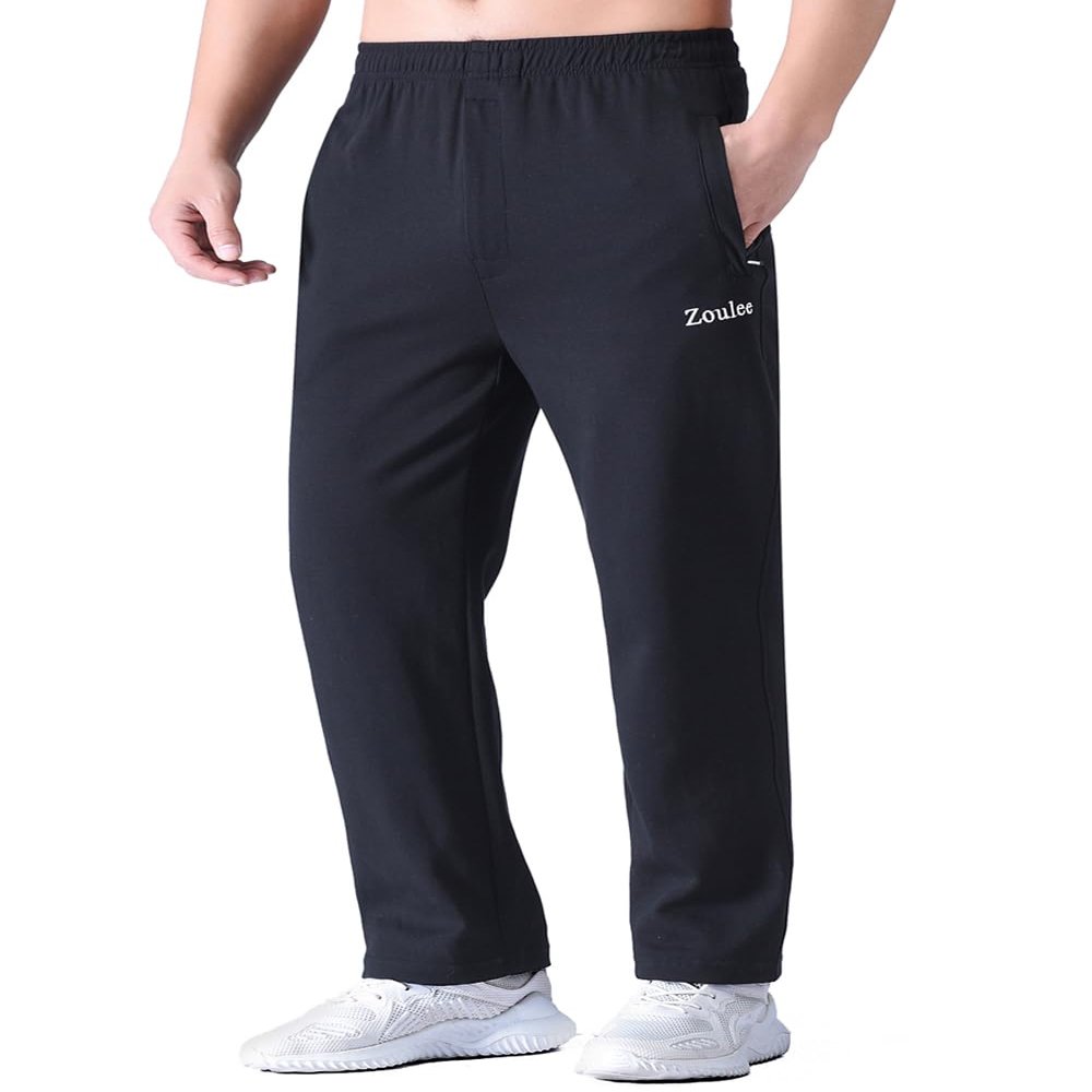 Zoulee Men's Open-Bottom Cotton Track Pants Sweatpants Jogging Pants with Zip Fly Thin Black S