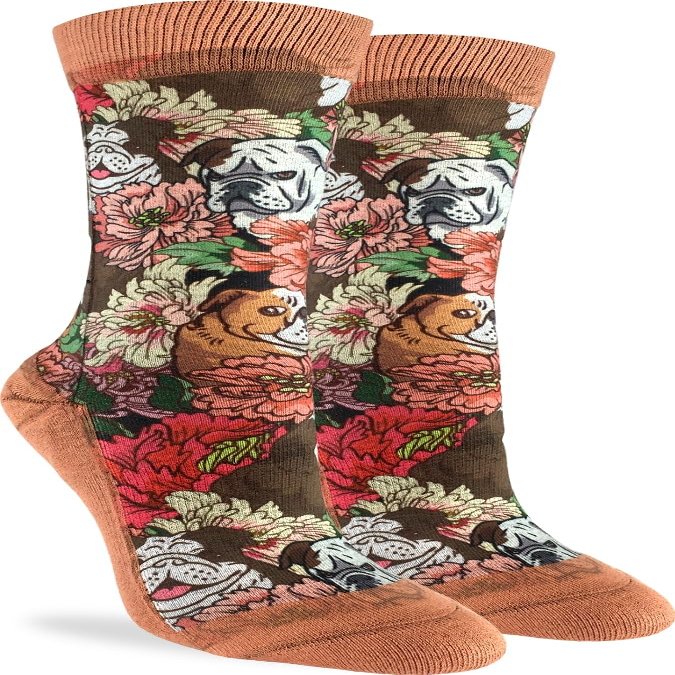 Good Luck Sock Women's Floral Bulldog Dog Socks, Adult, Shoe Size 5-9