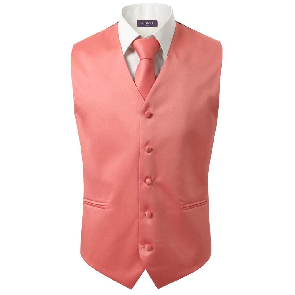 Bravo Men's Formal Slim Fit 3 Pcs Vest + Necktie + Hankie 5 Button Premium Classic Skinny Fashion Casual Dress Suit Tuxedo Graduation Wedding Business Waistcoat Hanky Coat (XX-Large, Coral)