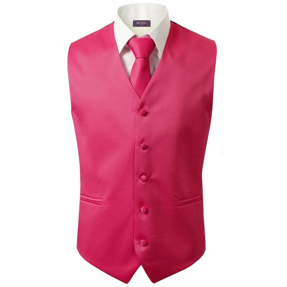 Bravo Men's Formal Slim Fit 3 Pcs Vest + Necktie + Hankie 5 Button Premium Classic Skinny Fashion Casual Dress Suit Tuxedo Graduation Wedding Business Waistcoat Hanky Coat (XXX-Large, Hot Pink)