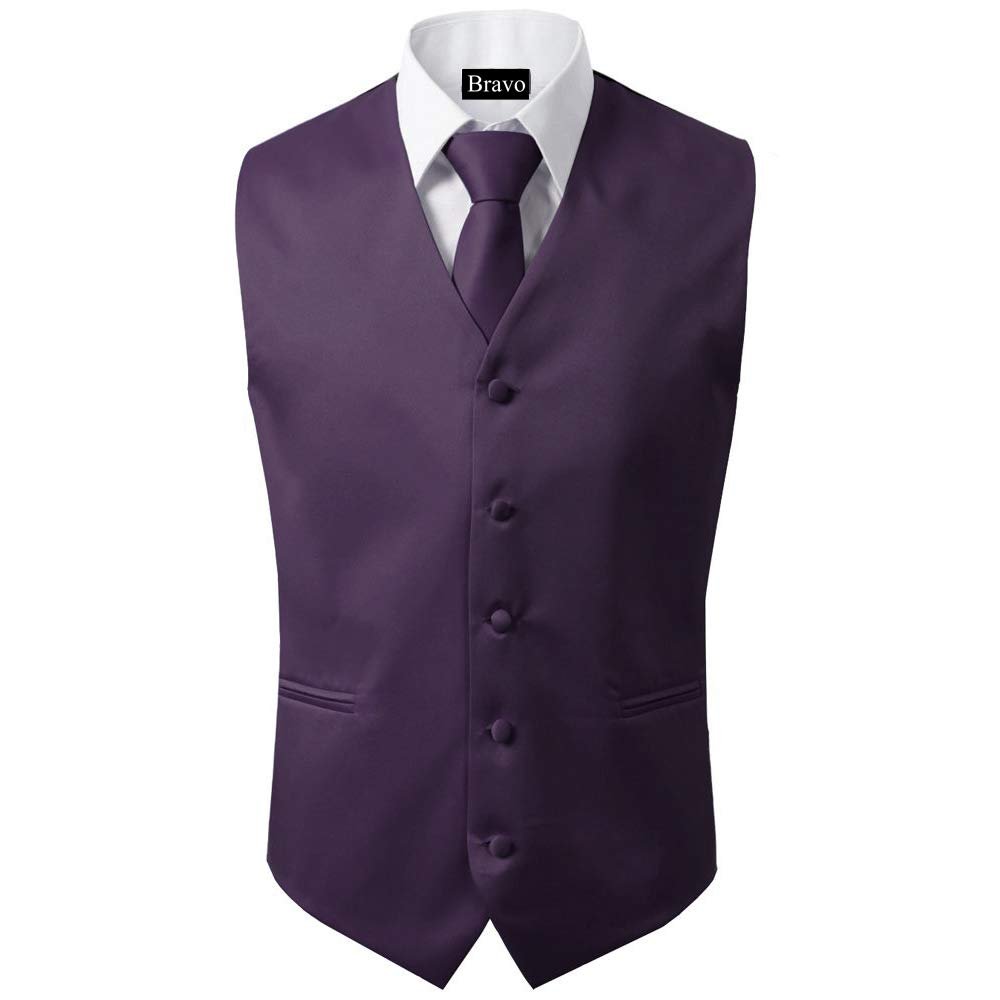 BRAVO Men's Formal Slim Fit 3 Pcs Vest + Necktie + Hankie 5 Button Premium Classic Skinny Fashion Casual Dress Suit Tuxedo Graduation Wedding Business Waistcoat Hanky Coat (XXX-Large, Purple)
