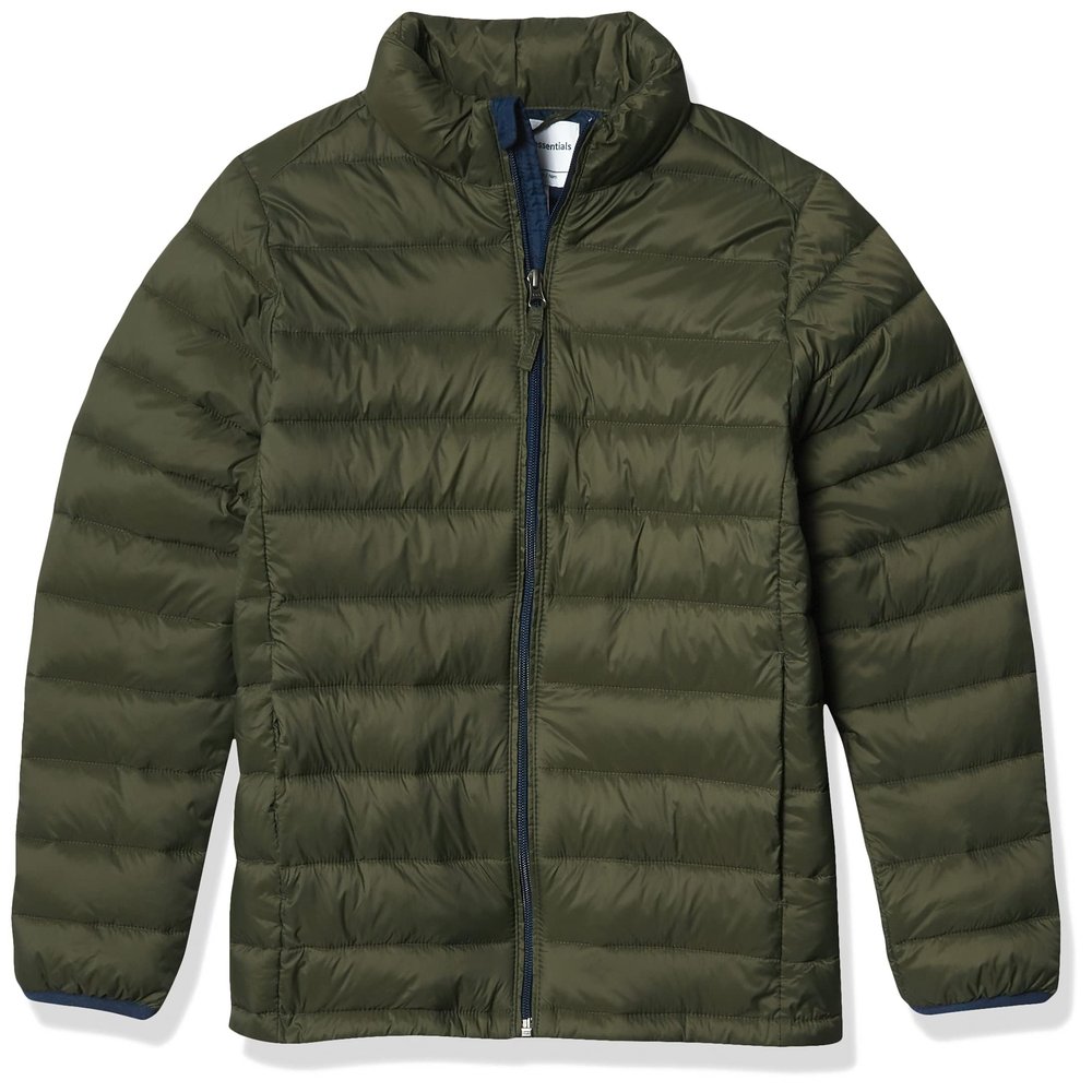 Amazon Essentials Boys' Lightweight Water-Resistant Packable Puffer Jacket, Olive, Small