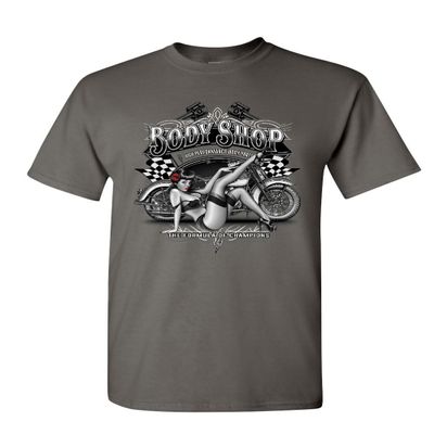 Retro Body Shop T-Shirt Chopper Sexy Pin-up Girl Route 66 Biker Mens Tee Shirt Charcoal Large