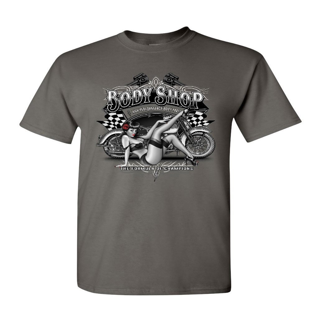Retro Body Shop T-Shirt Chopper Sexy Pin-up Girl Route 66 Biker Mens Tee Shirt Charcoal Large