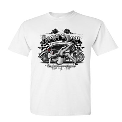 Retro Body Shop T-Shirt Chopper Sexy Pin-up Girl Route 66 Biker Mens Tee Shirt White Small