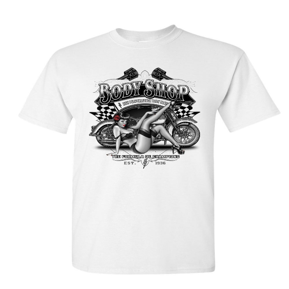 Retro Body Shop T-Shirt Chopper Sexy Pin-up Girl Route 66 Biker Mens Tee Shirt White Small