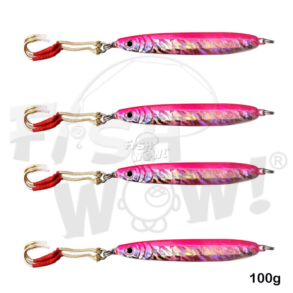 4pcs Fish WOW! 100g Fishing Metal Vertical Trolling jig 3.5oz Knife Jig with Two Assist Hooks - Pink