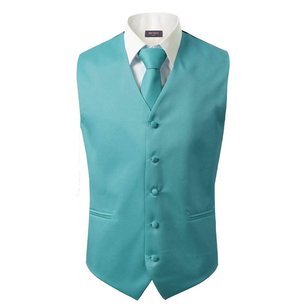 Bravo Men's Formal Slim Fit 3 Pcs Vest + Necktie + Hankie 5 Button Premium Classic Skinny Fashion Casual Dress Suit Tuxedo Graduation Wedding Business Waistcoat Hanky Coat (Small, Turquoise)