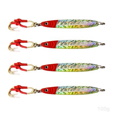 4pcs Fish WOW! 100g Fishing Metal Vertical Trolling jig 3.5oz Knife Jig with Two Assist Hooks - Red Silver