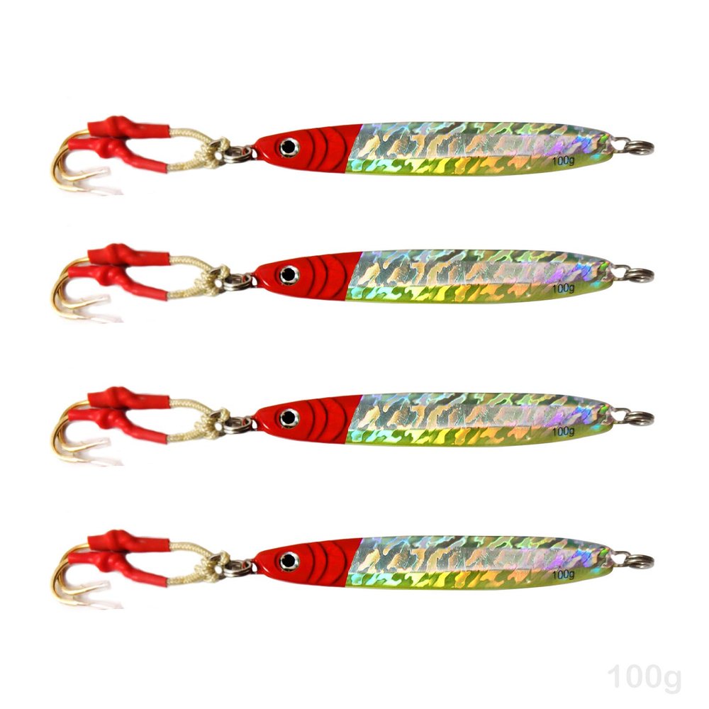 4pcs Fish WOW! 100g Fishing Metal Vertical Trolling jig 3.5oz Knife Jig with Two Assist Hooks - Red Silver