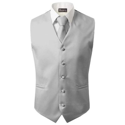 BRAVO Men's Formal Slim Fit 3 Pcs Vest + Necktie + Hankie 5 Button Premium Classic Skinny Fashion Casual Dress Suit Tuxedo Graduation Wedding Business Waistcoat Hanky Coat (X-Large, Gray)