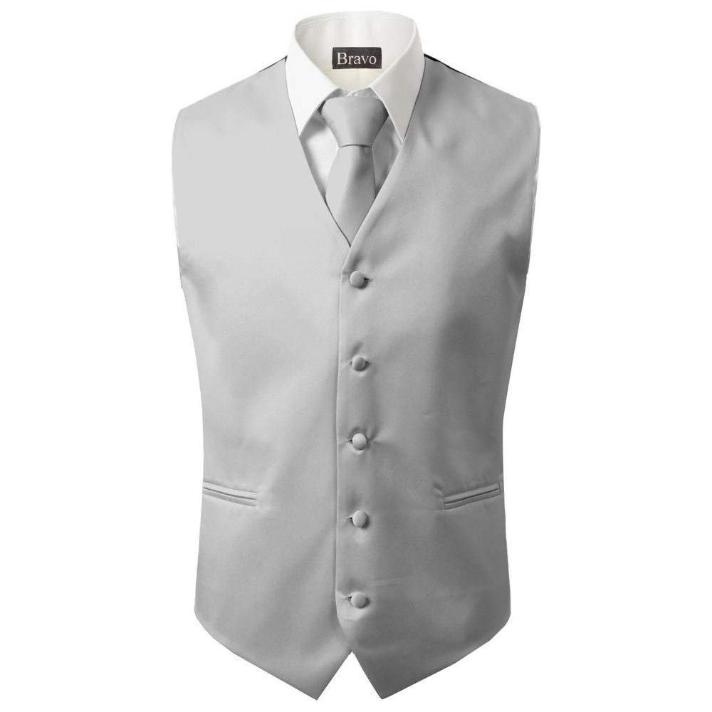 BRAVO Men's Formal Slim Fit 3 Pcs Vest + Necktie + Hankie 5 Button Premium Classic Skinny Fashion Casual Dress Suit Tuxedo Graduation Wedding Business Waistcoat Hanky Coat (X-Large, Gray)
