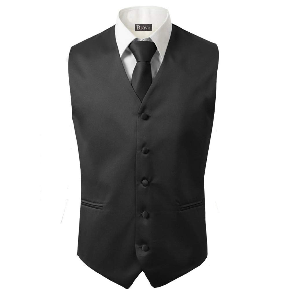 BRAVO Men's Formal Slim Fit 3 Pcs Vest + Necktie + Hankie 5 Button Premium Classic Skinny Fashion Casual Dress Suit Tuxedo Graduation Wedding Business Waistcoat Hanky Coat (XXX-Large, Black)
