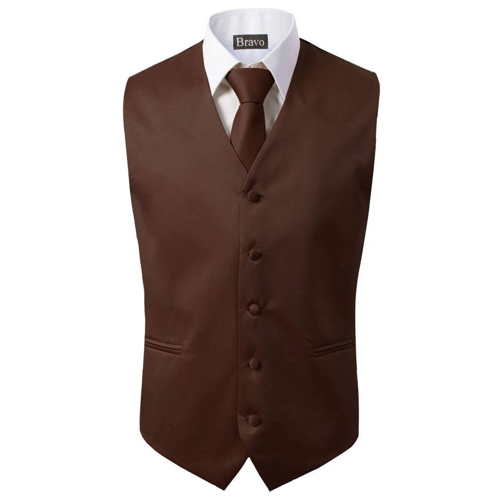 BRAVO Men's Formal Slim Fit 3 Pcs Vest + Necktie + Hankie 5 Button Premium Classic Skinny Fashion Casual Dress Suit Tuxedo Graduation Wedding Business Waistcoat Hanky Coat (XXX-Large, Brown)