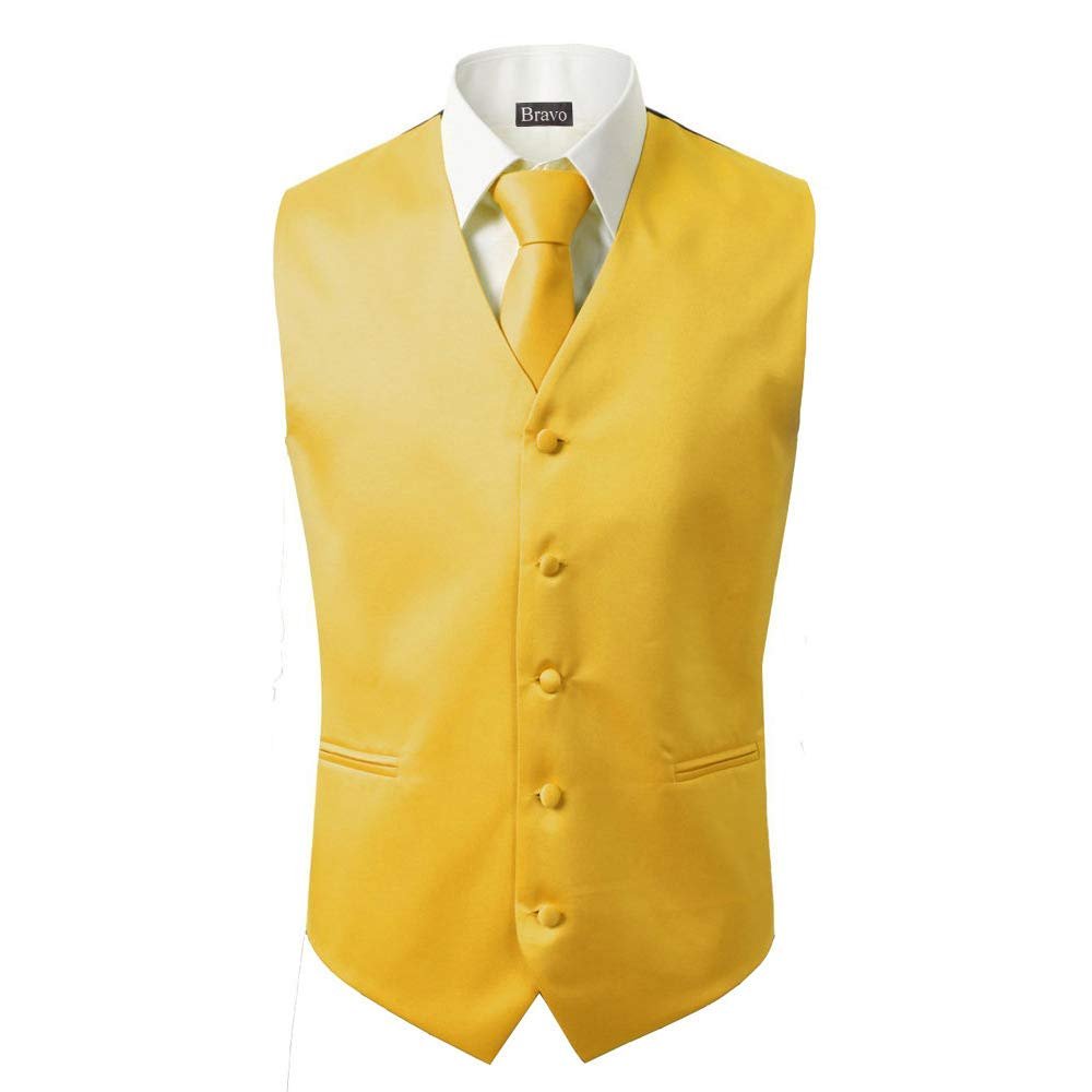 BRAVO Men's Formal Slim Fit 3 Pcs Vest + Necktie + Hankie 5 Button Premium Classic Skinny Fashion Casual Dress Suit Tuxedo Graduation Wedding Business Waistcoat Hanky Coat (XXX-Large, Yellow)