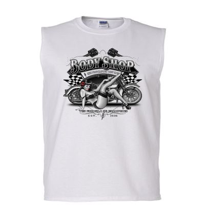 Tee Hunt Retro Body Shop Muscle Shirt Chopper Sexy Pin-up Girl Route 66 Biker Sleeveless White Small