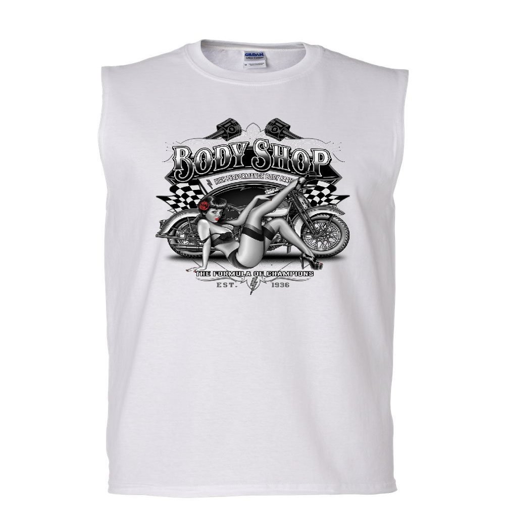 Tee Hunt Retro Body Shop Muscle Shirt Chopper Sexy Pin-up Girl Route 66 Biker Sleeveless White Small