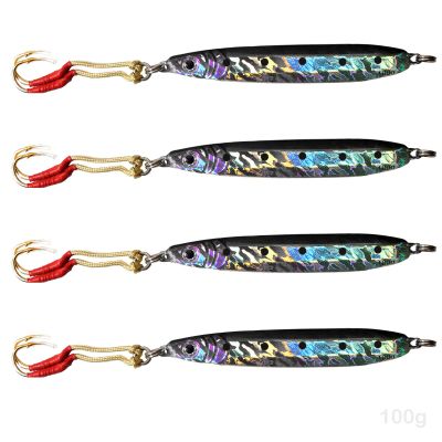 4pcs Fish WOW! 100g Fishing Metal Vertical Trolling jig 3.5oz Knife Jig with Two Assist Hooks - Black Silver