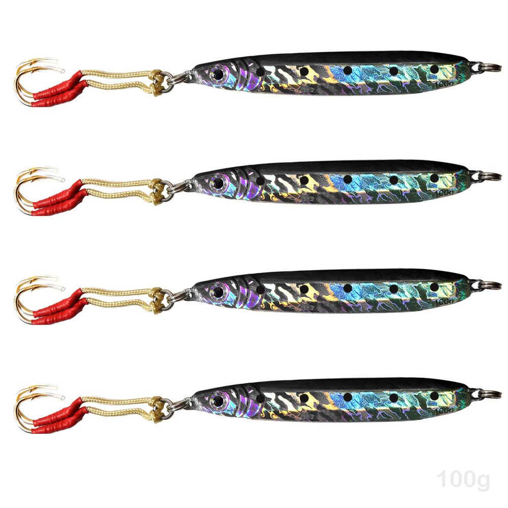 4pcs Fish WOW! 100g Fishing Metal Vertical Trolling jig 3.5oz Knife Jig with Two Assist Hooks - Black Silver