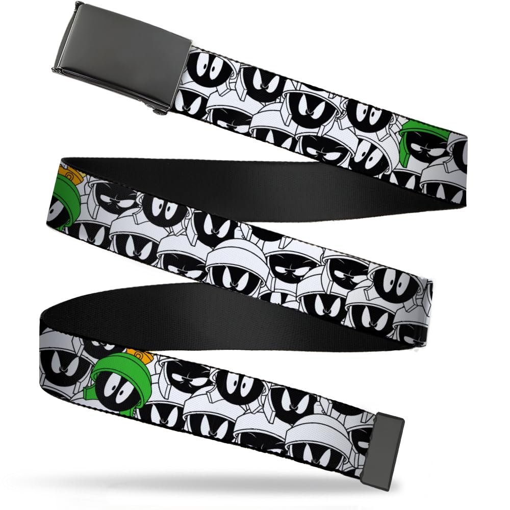 Buckle-Down Web Belt, Marvin the Martian Expressions Stacked White/Black/Green/Gold, 1.0" Wide - Fits up to Kids Size 20