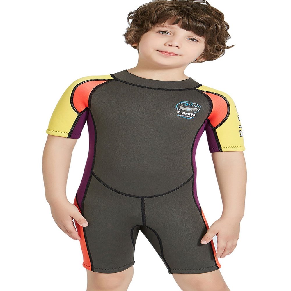 DIVE & SAIL Kids Wetsuit for UV Protective UPF50+ One Piece Thermal Warm Shorty Suit Printed Full Diving Suit Grey L