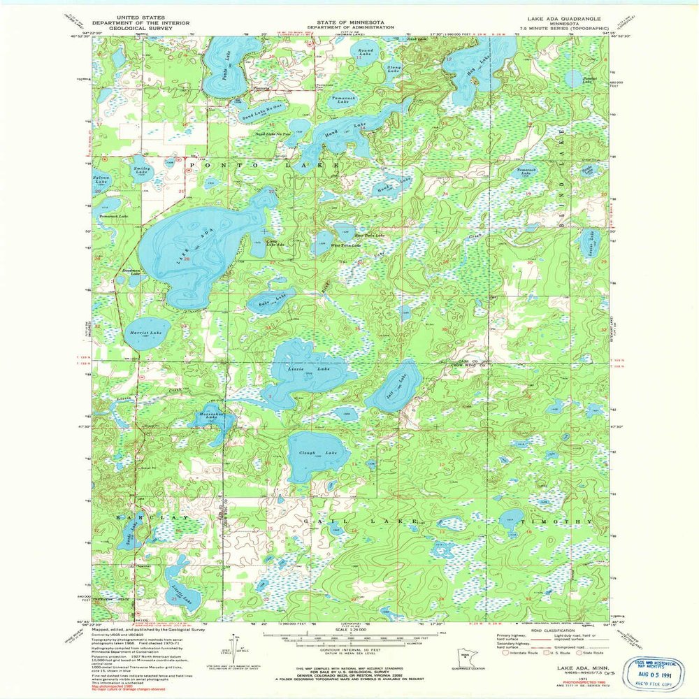 YellowMaps Lake Ada MN topo map, 1:24000 Scale, 7.5 X 7.5 Minute, Historical, 1971, Updated 1991, 27.2 x 21.2 in - Tyvek